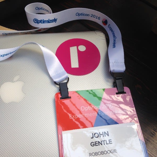 event badge sitting on a computer