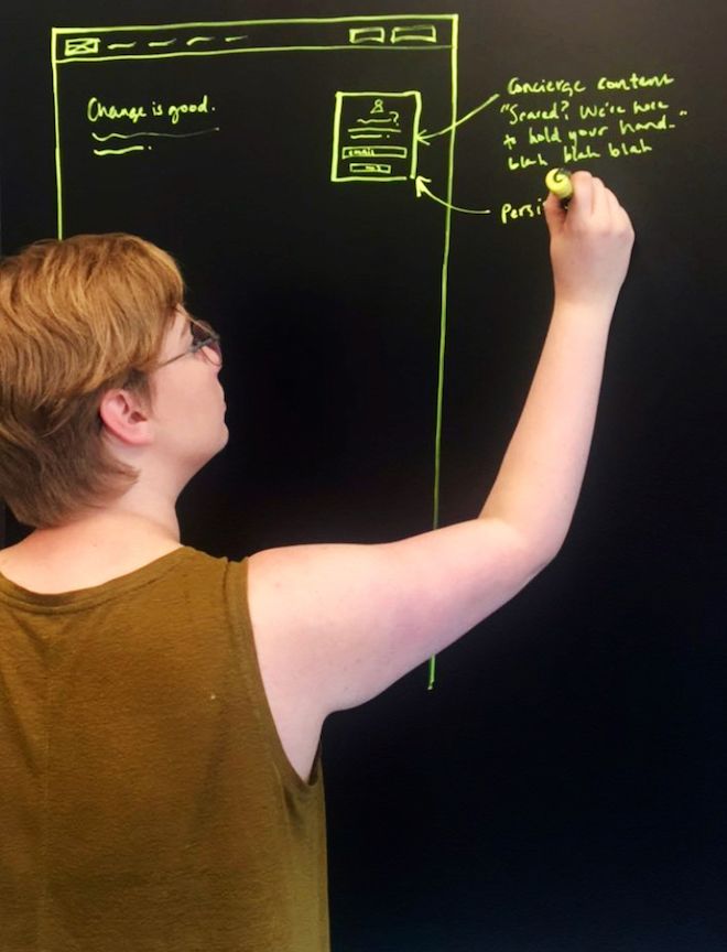 Lacie Webb drawing wireframes on a blackboard