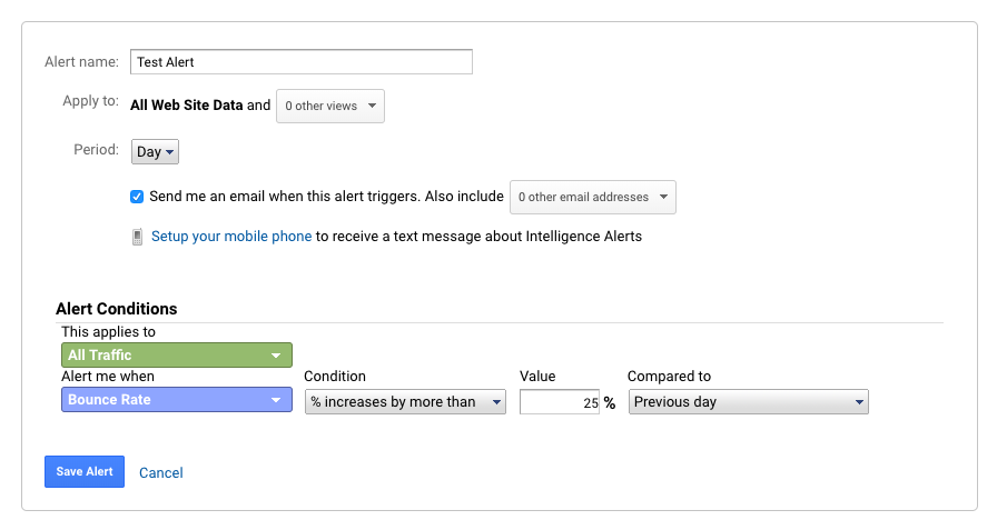 Test Alerts in Google Analytics