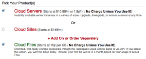 RackspaceCloudOptions Screenshot: Rackspace Cloud three product offerings at signup