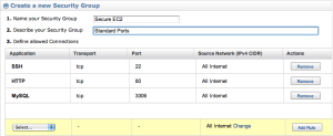 EC2-SecurityZone Screenshot: Amazon EC2 Security Zone firewall rules for SSH, HTTP, and MySQL