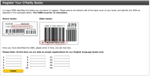 Screenshot: O'Reilly Register Your Books form with title fields