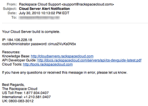 RS-welcome Screenshot: Rackspace welcome email with server IP and root password in clear text