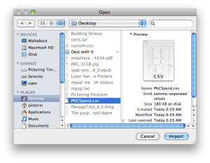 Screenshot: iBank 4 file chooser selecting the Quicken Essentials CSV file