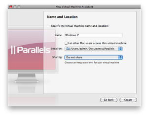 Screenshot: Parallels VM name and Sharing options