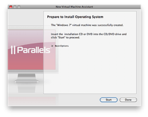 Screenshot: Parallels Prepare to Install Operating System screen with Start button