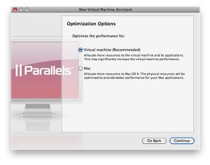 Screenshot: Parallels Optimization Options
