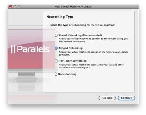 Screenshot: Parallels Networking Type set to Bridged Networking