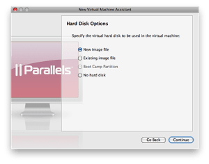 Screenshot: Parallels Hard Disk Options set to New image file