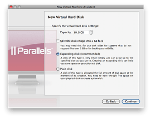 Screenshot: Parallels New Virtual Disk size and type