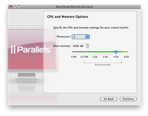 Screenshot: Parallels CPU and Memory Options