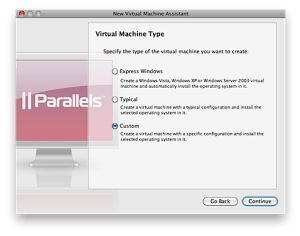 Screenshot: Parallels Virtual Machine Type set to Custom