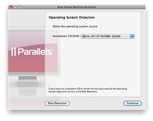 Screenshot: Parallels new virtual machine assistant, Installation CD/DVD step