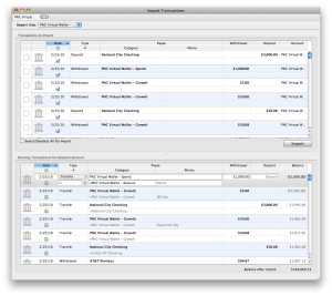 Screenshot: iBank 4 Transaction Download window with imported transactions marked by green check marks