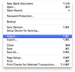 Screenshot: iBank 4 File menu with Import selected