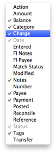 Screenshot: Quicken Essentials register column chooser menu