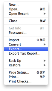 Screenshot: Quicken Essentials File menu with Export selected