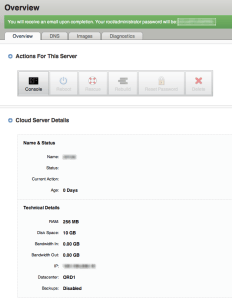 RSServer Screenshot: Rackspace Cloud new server details showing root password