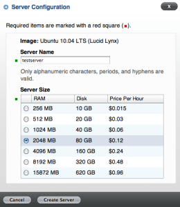 RSCreateServer Screenshot: Rackspace Cloud create server form with hostname and server size