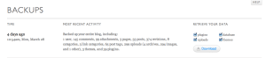 Screenshot: VaultPress manual restore instructions for the Uploads archive