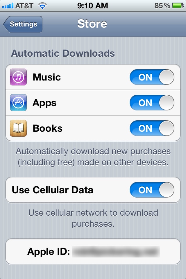iTunes Screenshot: iOS Settings Store screen showing the iTunes Apple ID