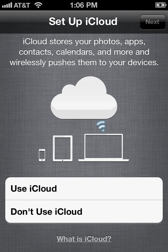 iCloud-Use Screenshot: iOS 5 setup screen asking whether to use iCloud
