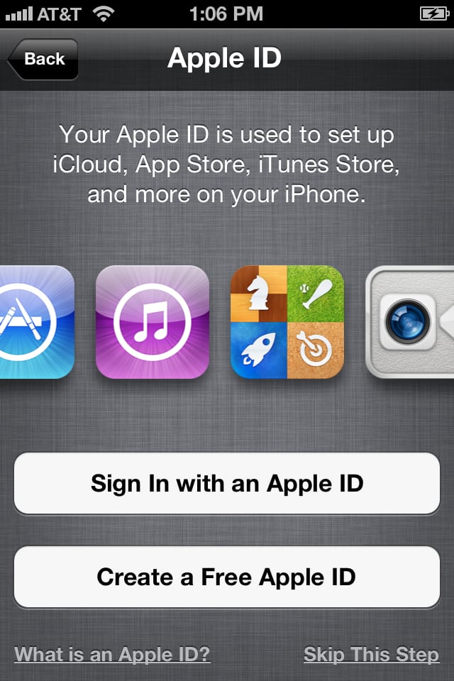 iCloud-Setup Screenshot: iOS 5 iCloud sign-in panel for an Apple ID