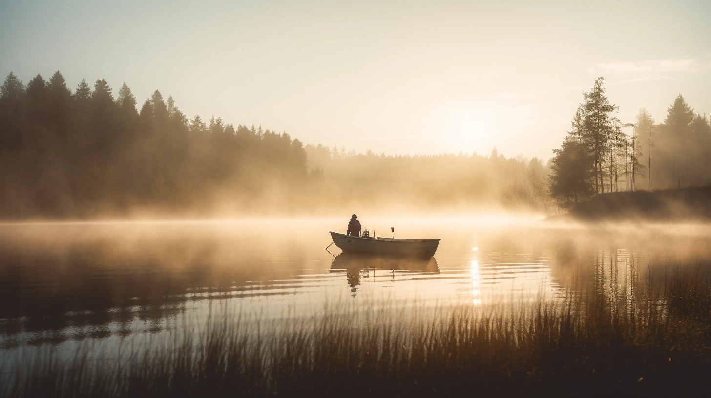 Professional fishing guide photographing and documenting a client's successful catch on a smartphone for a fishing report, with the scenic lake and sunrise in the background, demonstrating how quality content creation enhances online visibility"