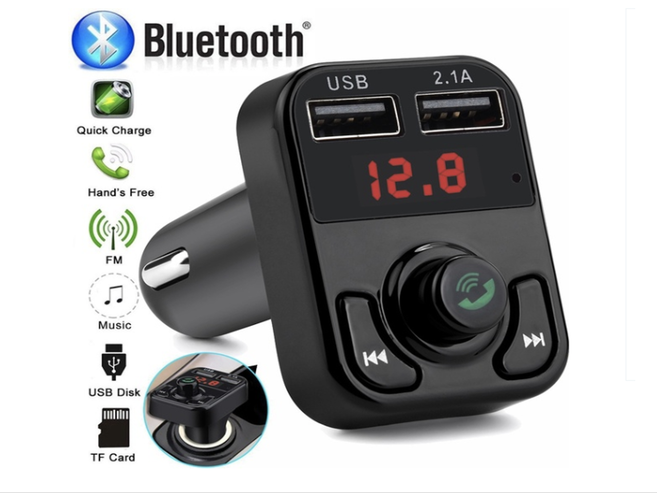 Auto Radio Adaptador de música. Kit de manos libres USB dual. Cargador de  coche. Reproductor de MP3. Transmisor de FM Bluetooth para coche