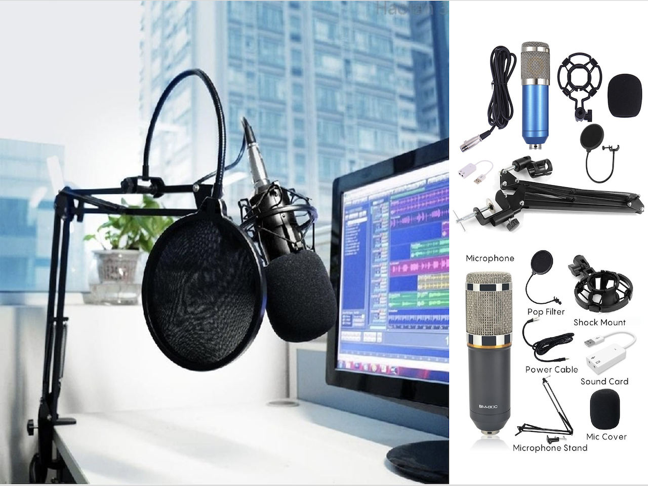 Micrófono de condensador USB, BM-900 Kit de micrófono de condensador con  micrófono ajustable Suspensión Brazo de tije