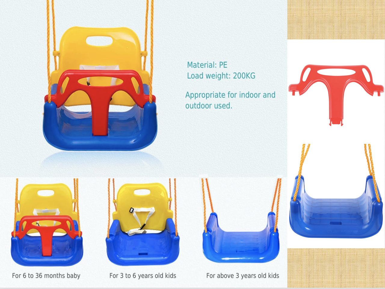 Asiento de columpio 3 en 1, respaldo alto para niños pequeños