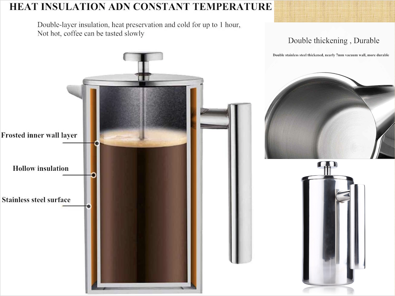 Kaffe - Cafetera grande de prensa francesa y cafetera de campamento, prensa  de vidrio borosilicato con aislamiento de doble pared, para té y café