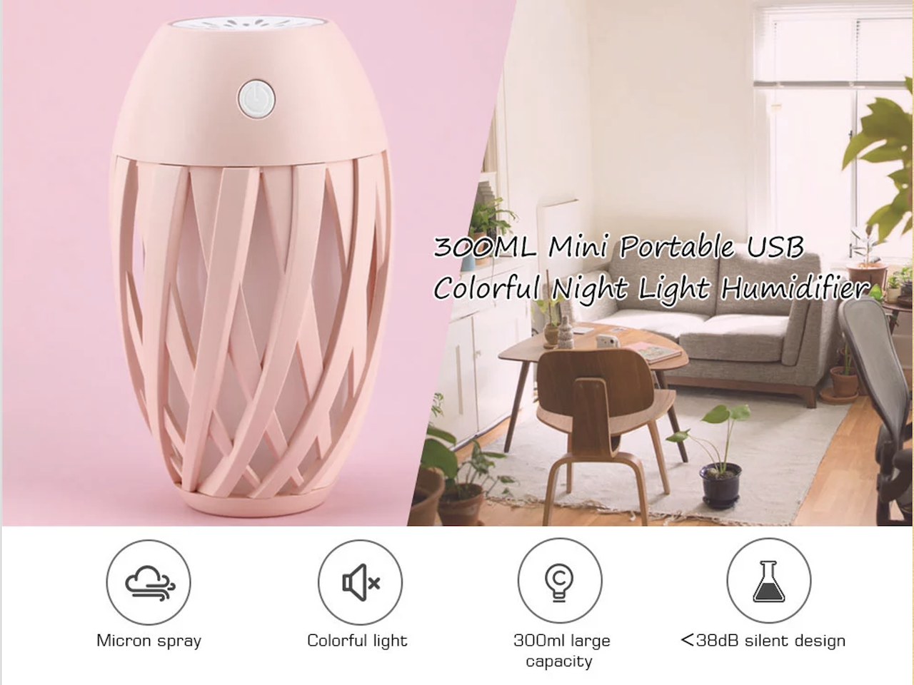 Humidificador USB, mini humidificador portátil de 300 ml con luz