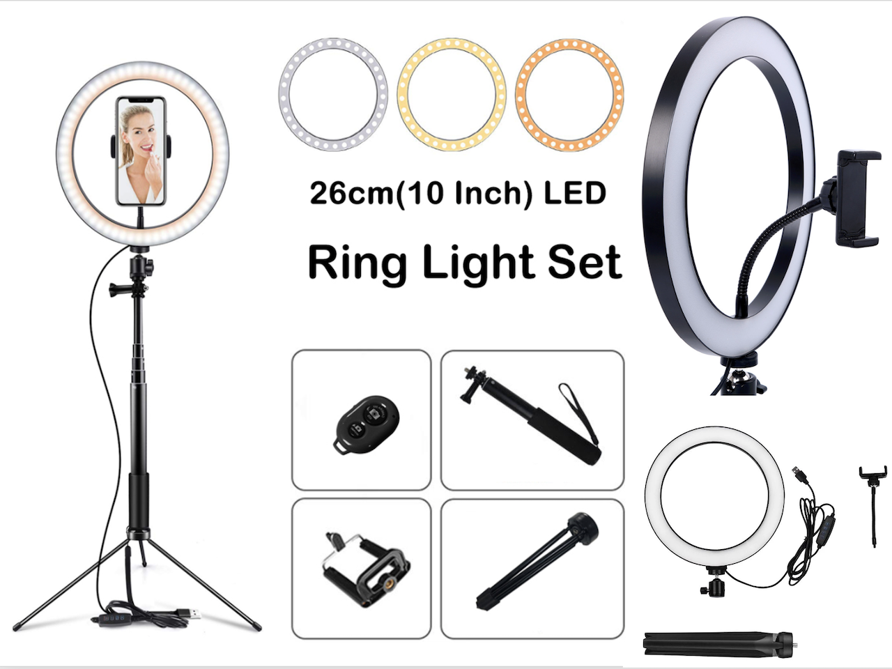 Anillo de luz LED para Selfie, Lámpara Regulable 26 cm, Estudio