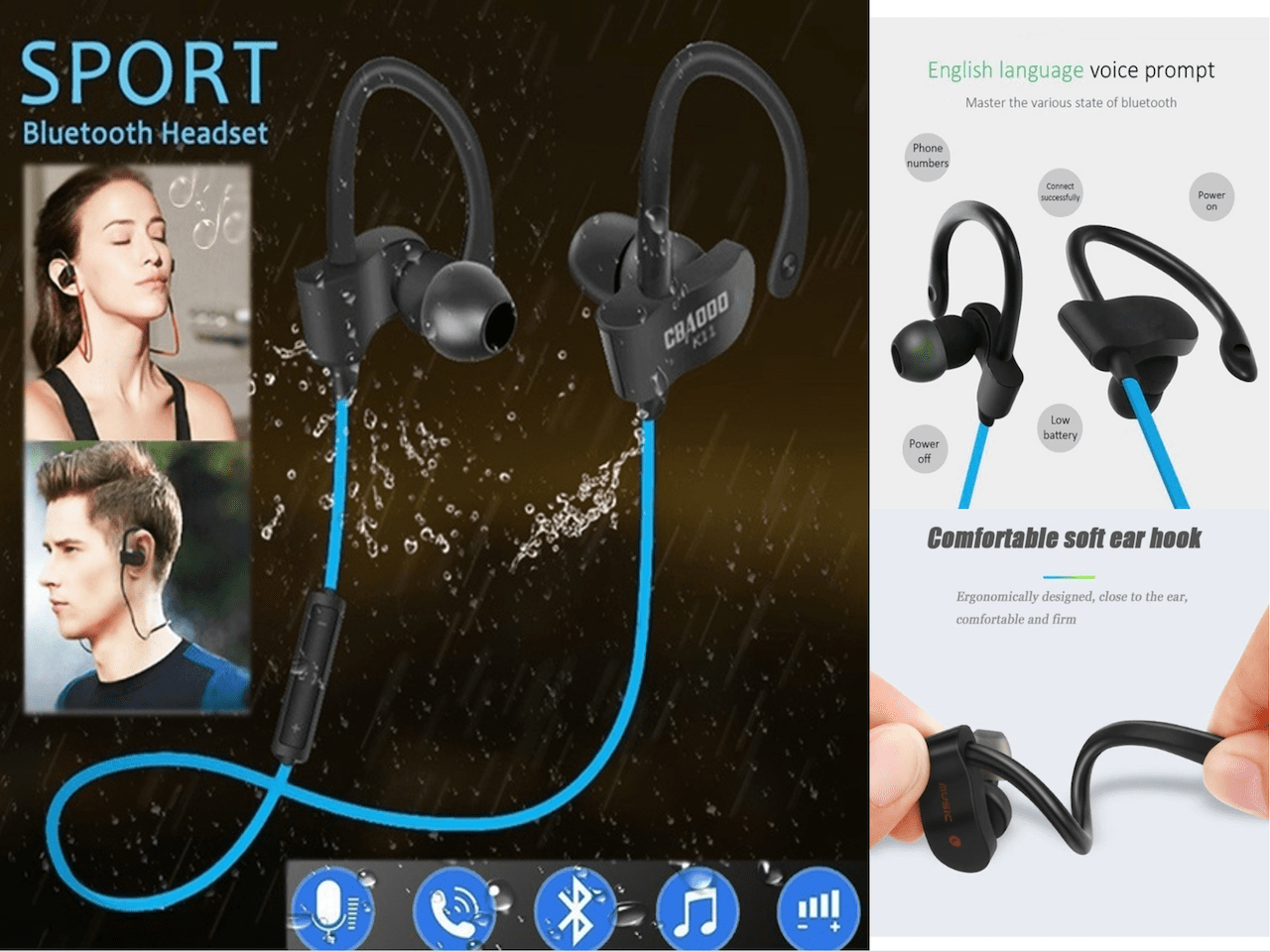 Auriculares inalámbricos Bluetooth deportivos con gancho para la oreja con  cancelación de ruido, color negro