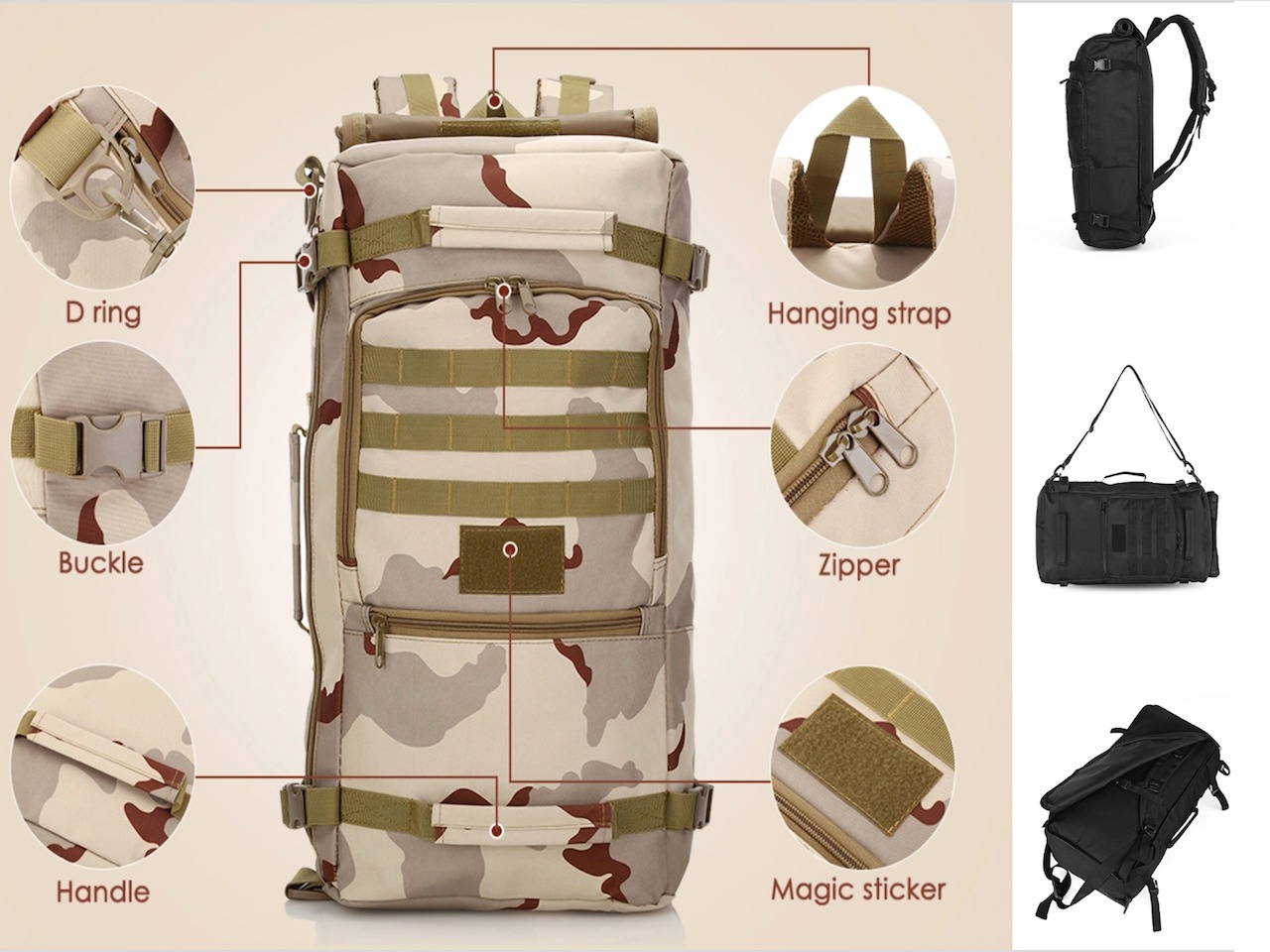 Mochila táctica 3 en 1 60L para exteriores, resistente al agua, senderismo,  exteriores, mochila táctica del ejército, militar, impermeable, deportes de  montaña, equipaje, bolsa para acampar
