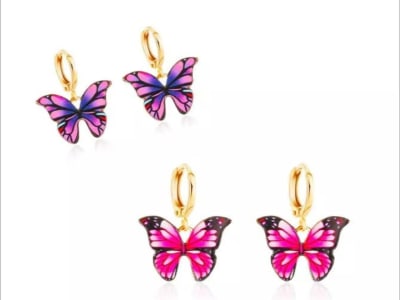 Pequeños pendientes de aro, y diseño con mariposa de varios colores