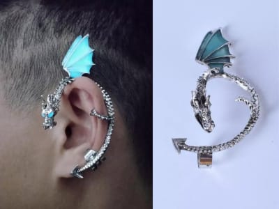 Pendiente solitario, ear cuff, luminoso, en forma de dragón