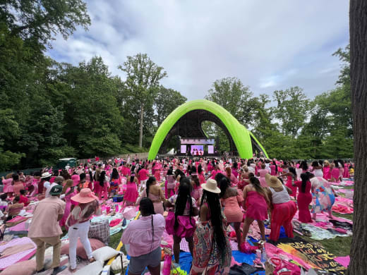 Wide view of the Celebrez En Rose crowd on picnic blankets in front of the Chrysalis at Merriweather Park
