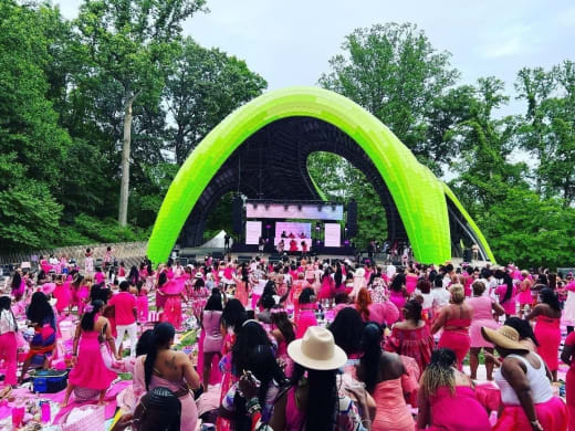 Crowd in pink at Merriweather Park at Symphony Woods, with the stage under the green Chrysalis arch