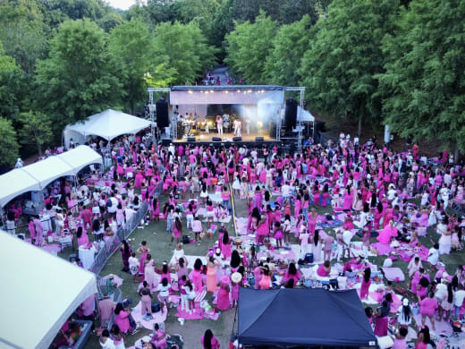 Aerial view of a Celebrez En Rose crowd in pink on a tree-lined lawn, with tents and the stage at the far end
