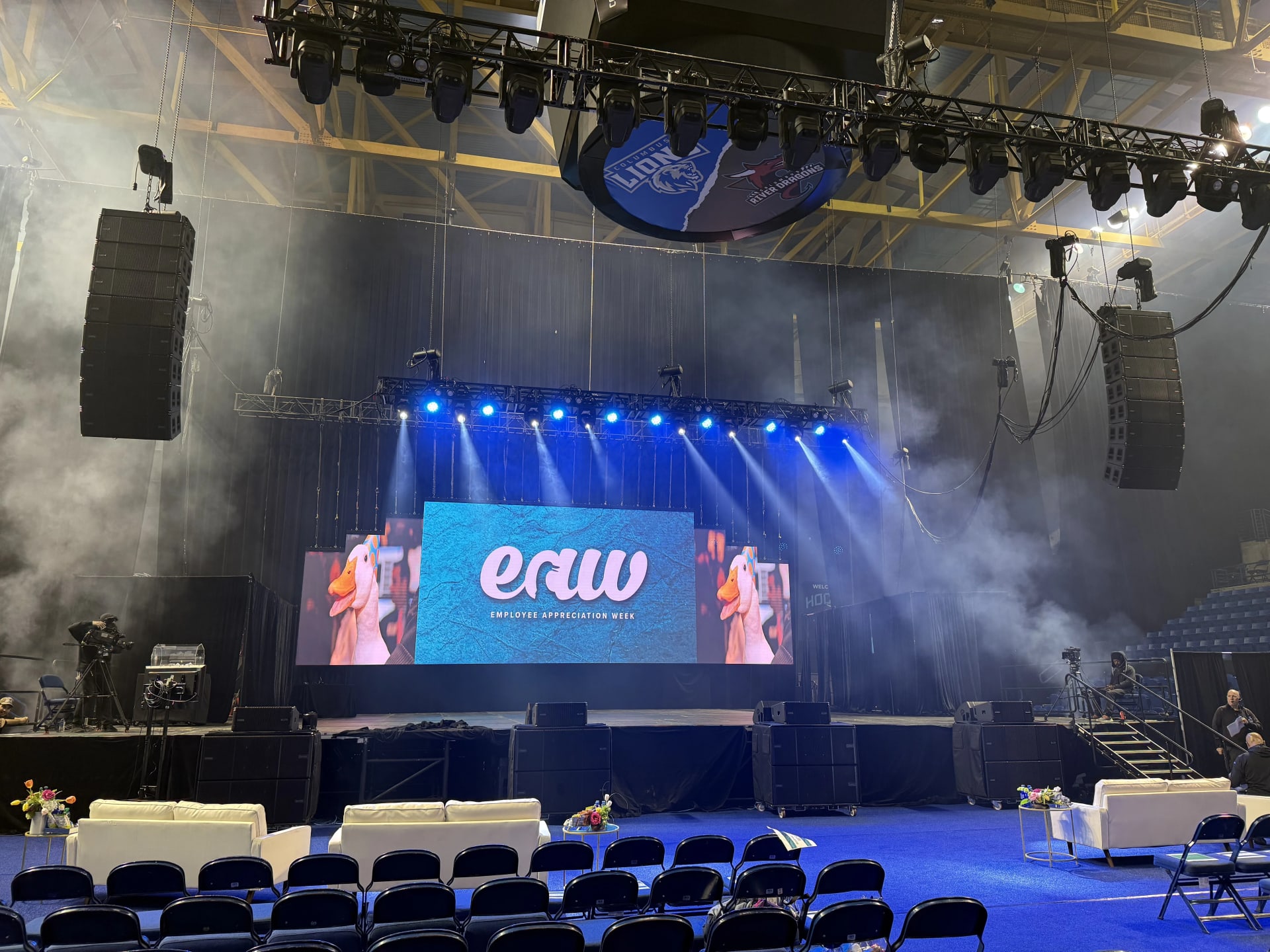 Aflac corporate conference at Gas South Arena with LED video walls and staging