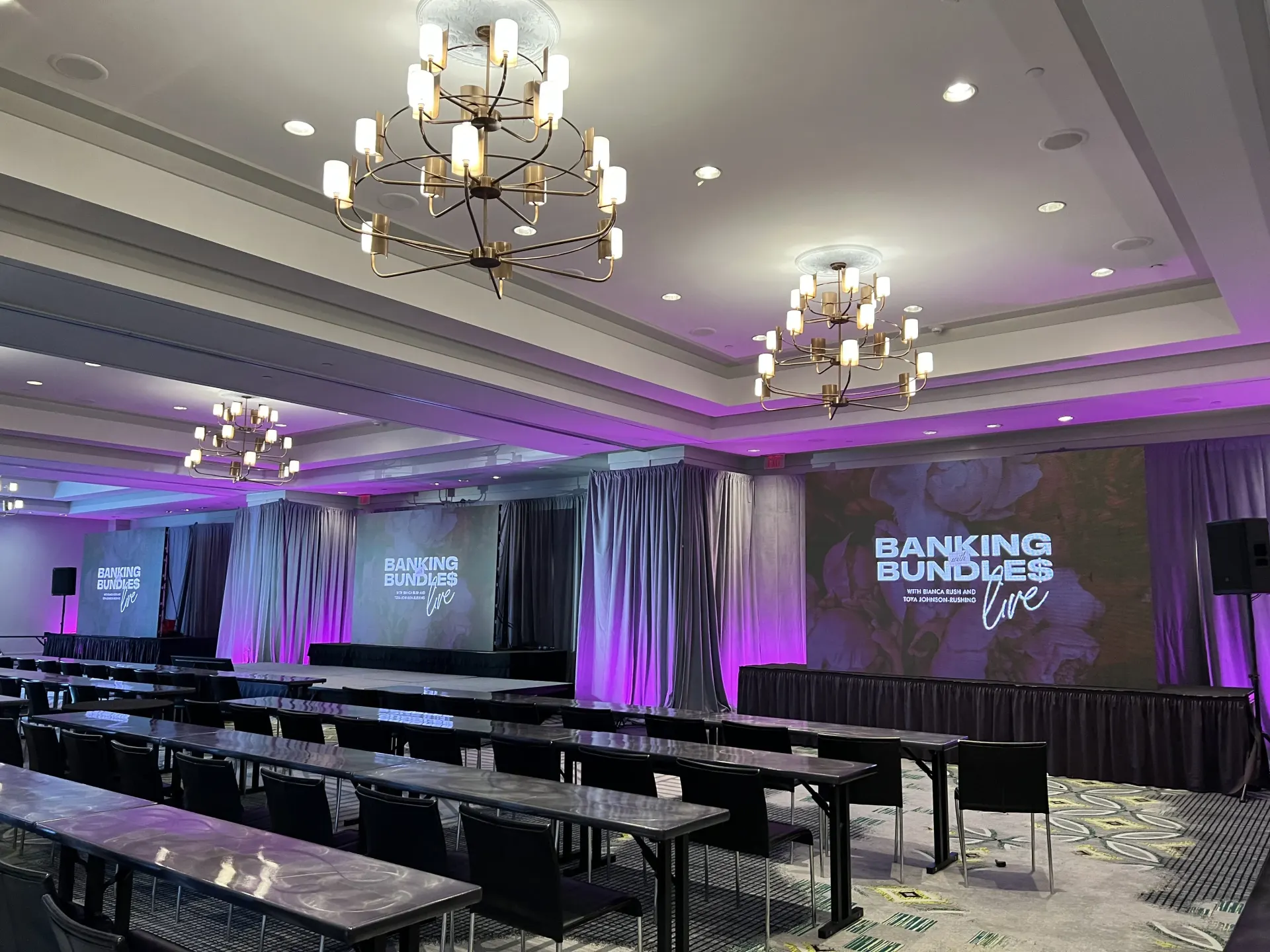 Premium corporate gala ballroom staging with LED video wall
