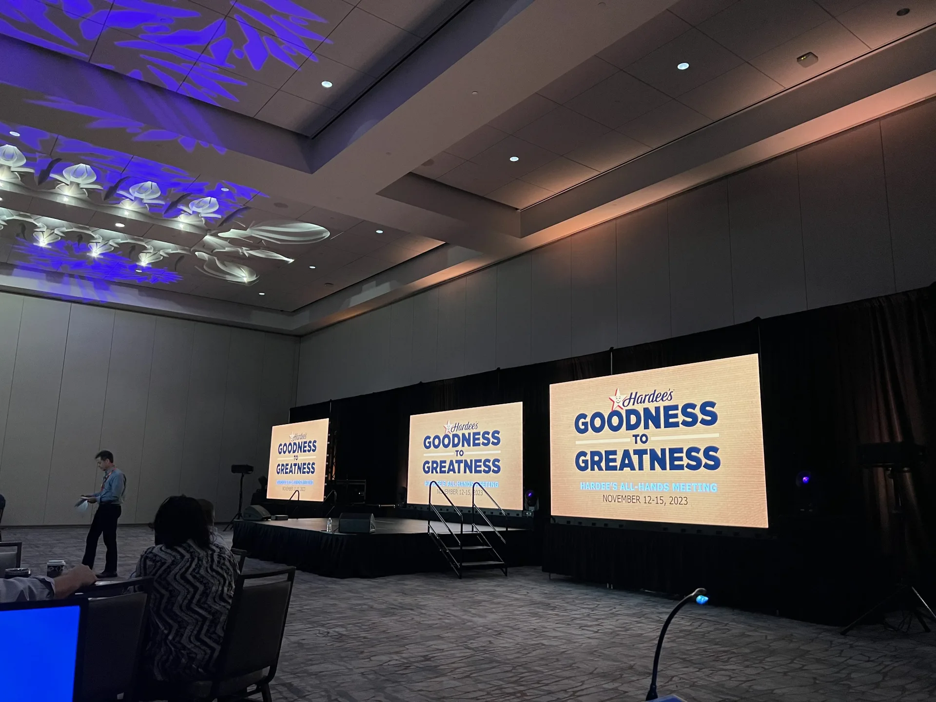 Indoor corporate venue keynote with LED wall and lighting