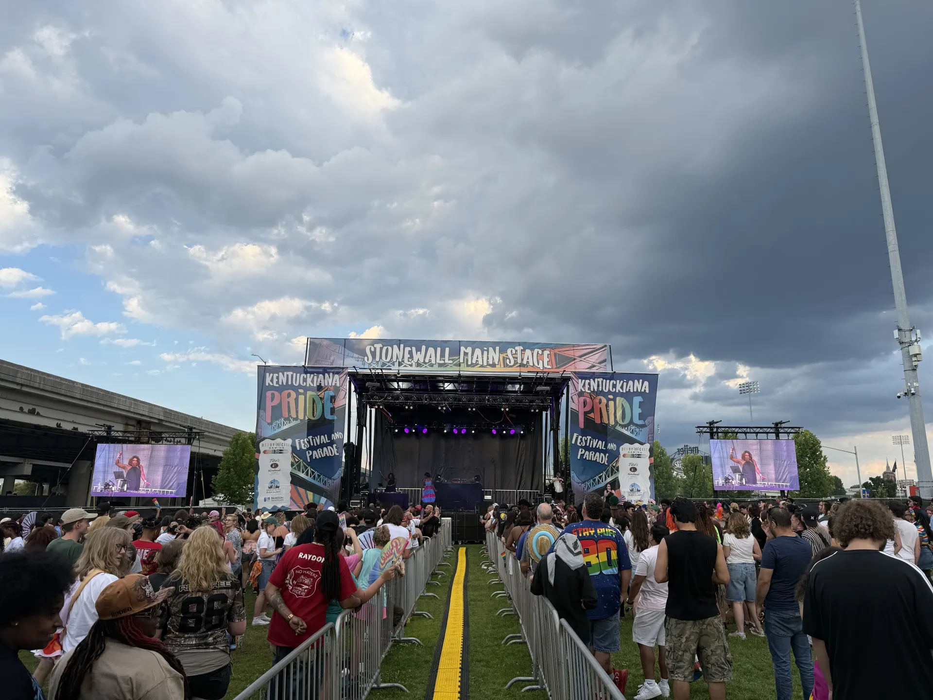 Kentuckiana Pride Festival 2026 on a Stageline SL260 mobile stage with full audio, lighting, and LED video wall by Rocket Productions