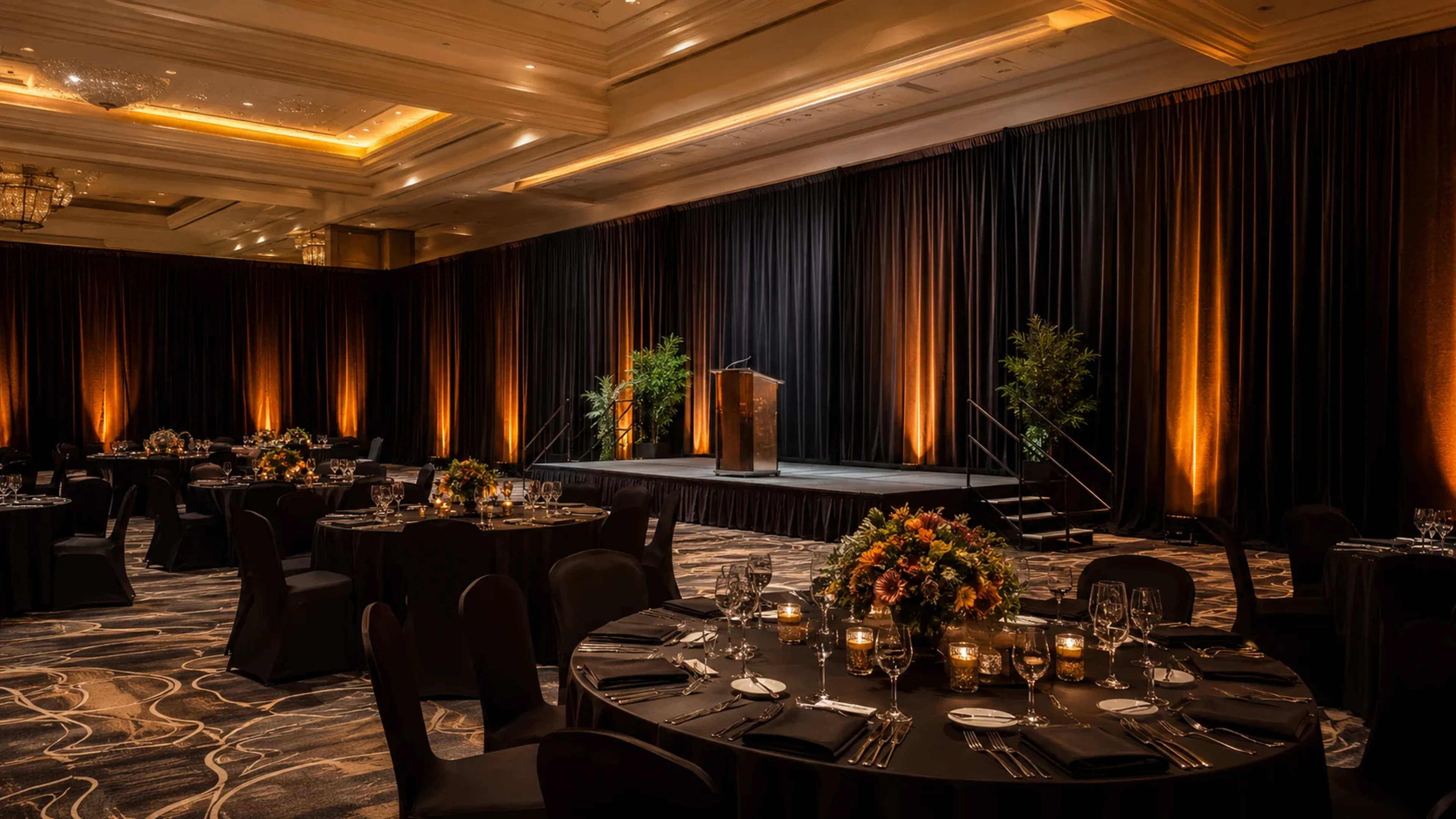 Hotel ballroom lined with black pipe and drape under amber uplighting, with a lectern on a low stage