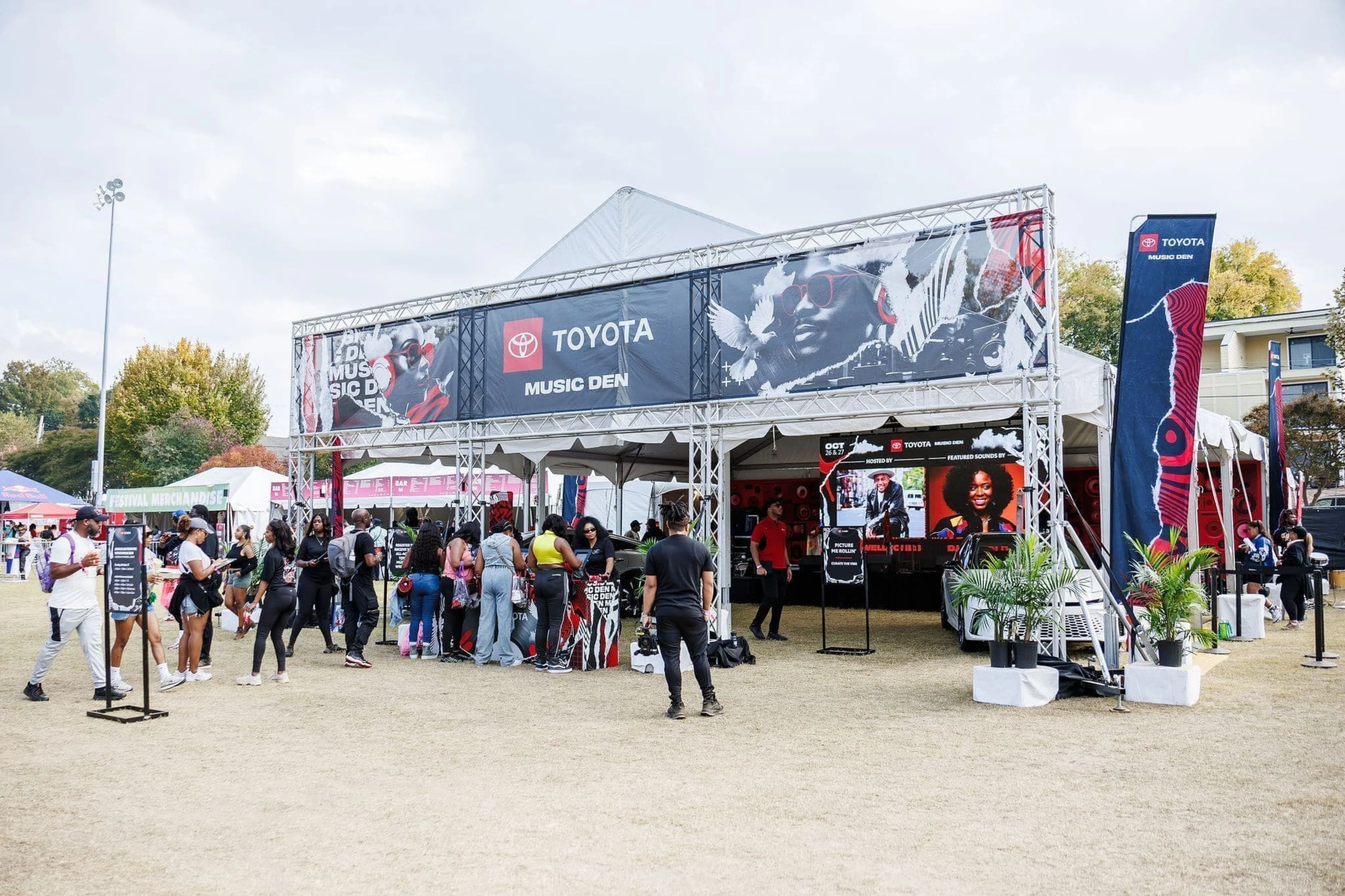 Toyota Music Den stage with live audio, LED video wall, and truss rigging