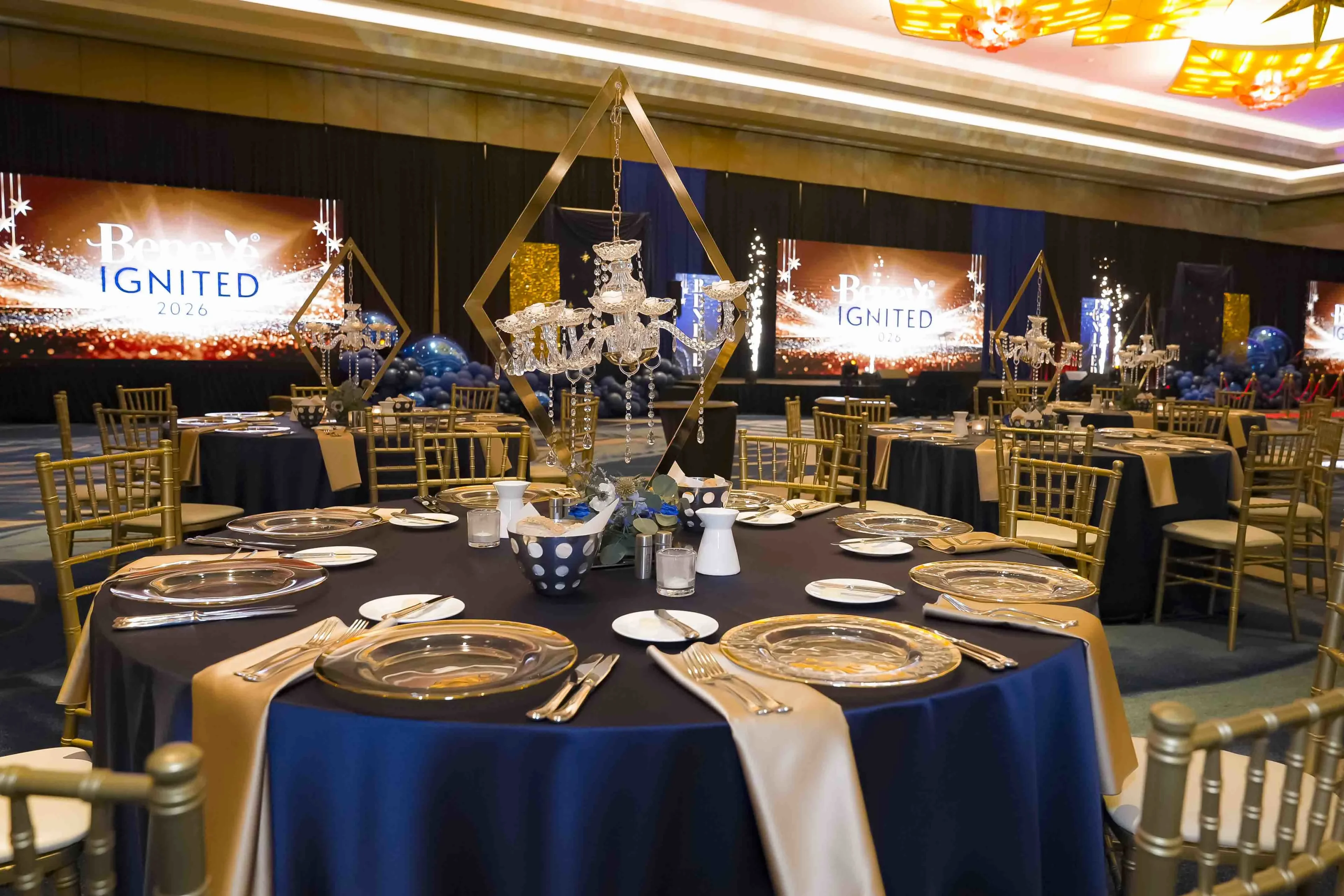 Beneve gala dinner with audio, lighting, and LED video walls