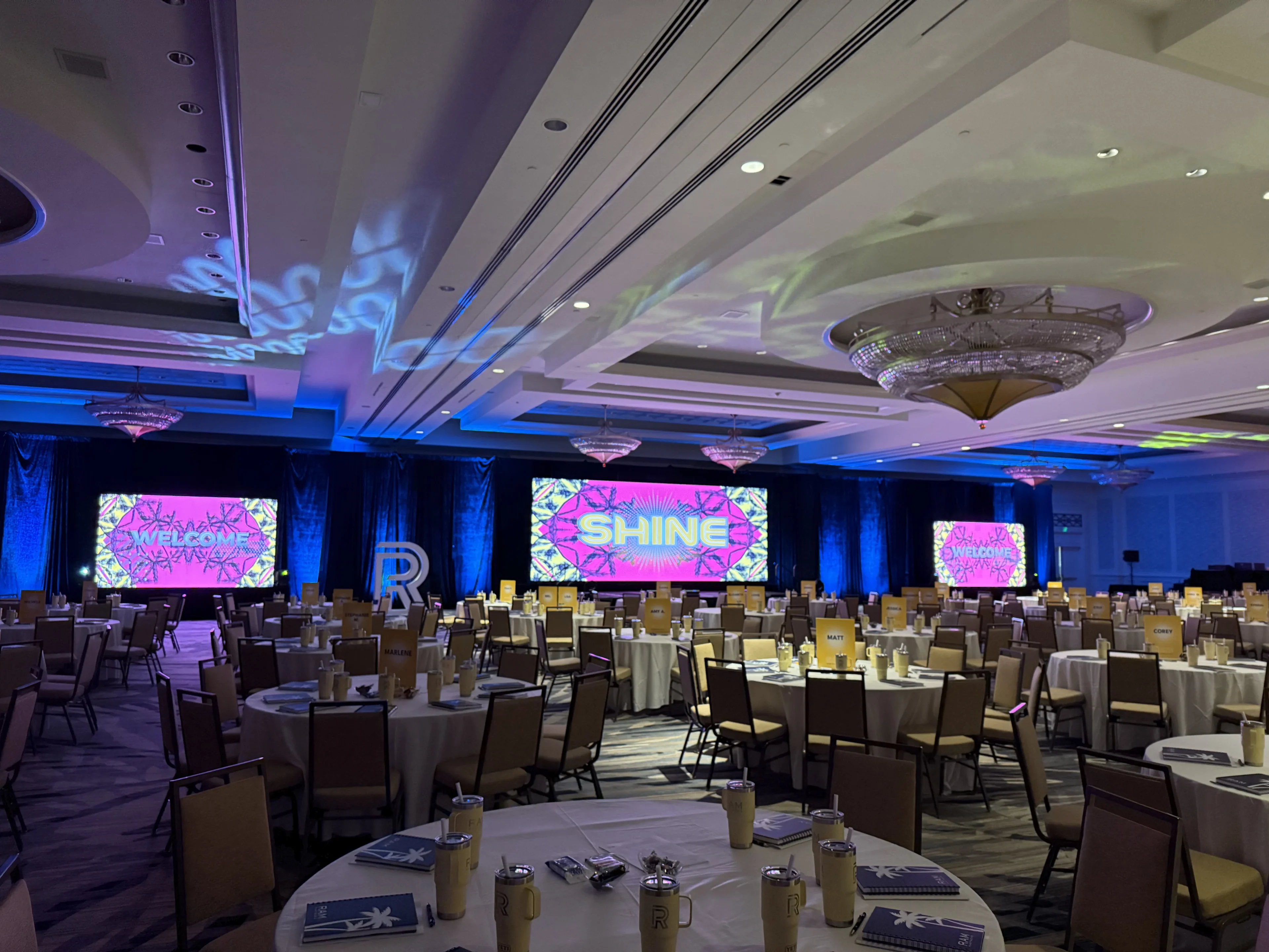 Corporate conference audio system with line array and mixing console at a Cobb County event