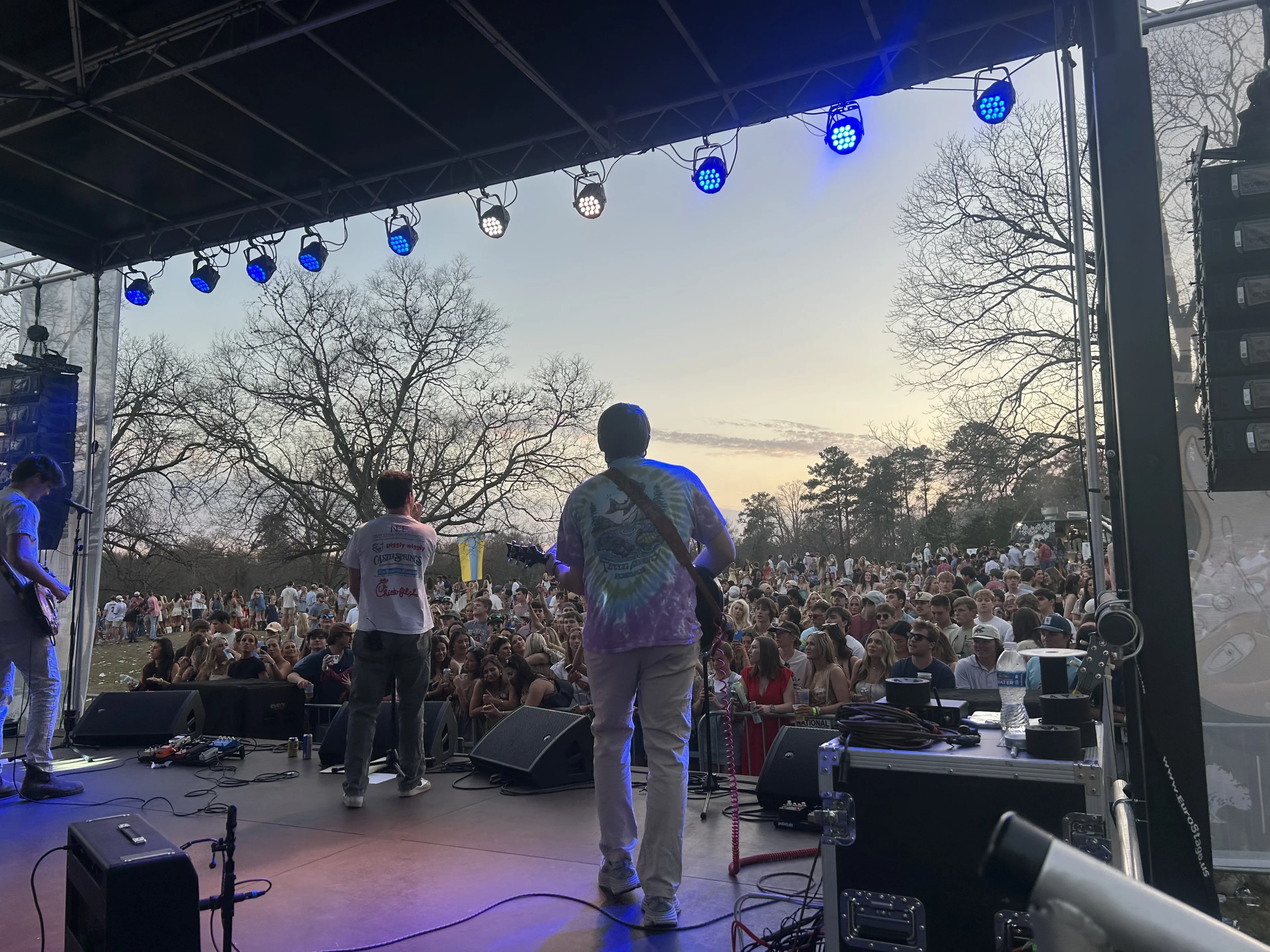 Flown line array PA hang for outdoor concert